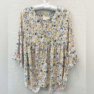 CYNTHIA ROWLEY | White Flowy Peasant Boho Floral 3/4 Sleeve Blouse | Small